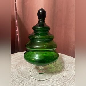 Vintage Empoli Italian Art Glass Green Christmas Tree Covered Candy Dish/Jar 70s